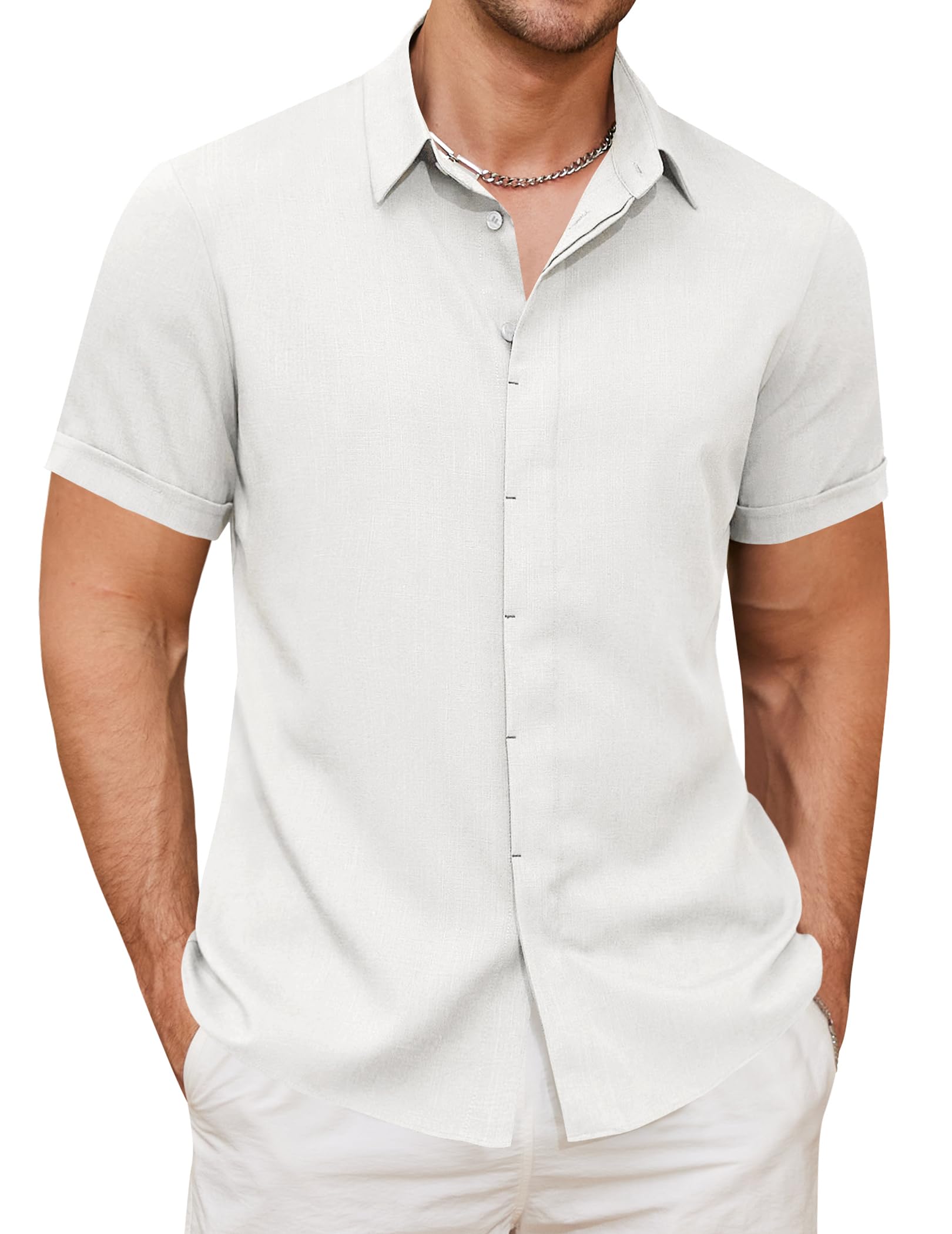 Linen Shirts for Men Button Down Beach Shirt Short Sleeve